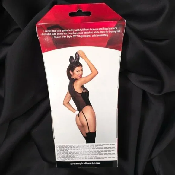 NWB Dreamgirl Lingerie Bunny Vixen O/S Velvet Lace Garter Teddy Lace-up ST.12914